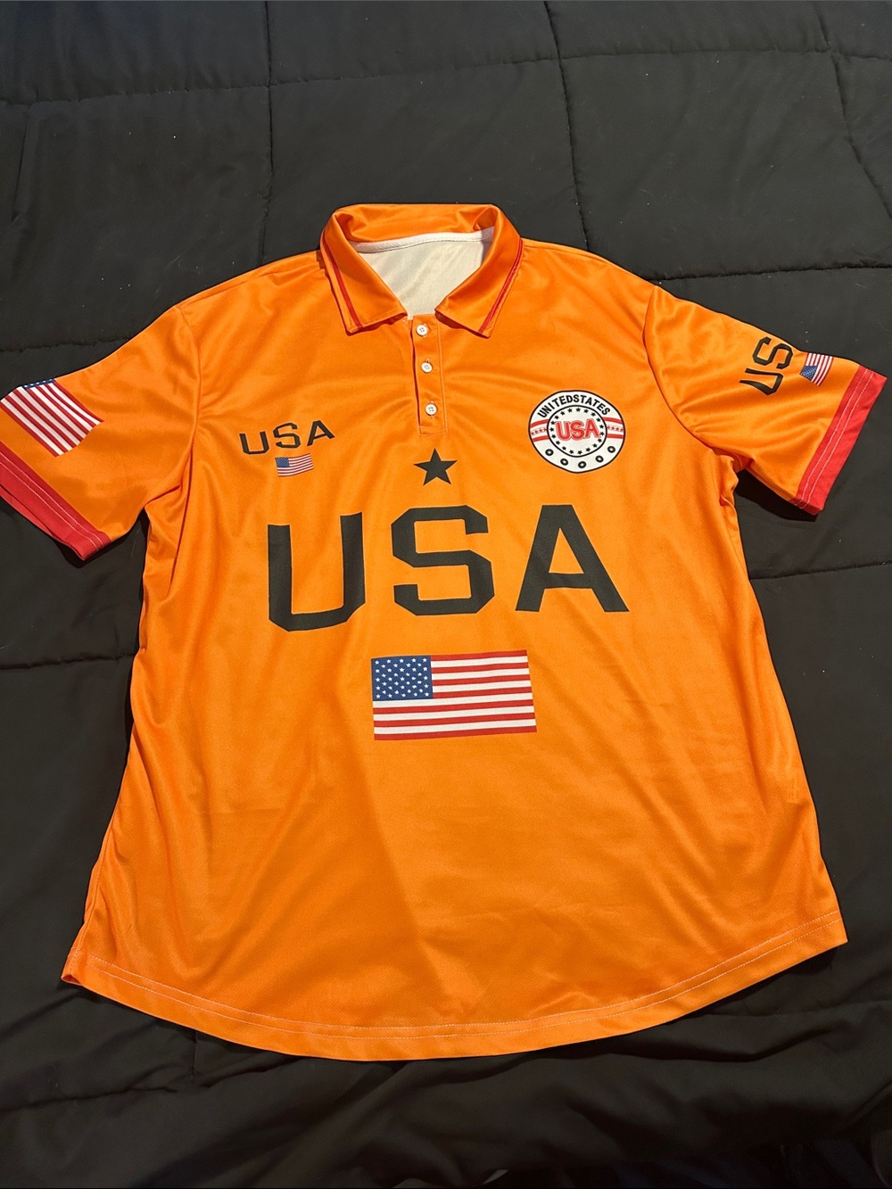 Orange USA Polo Jersey with Flag Motif